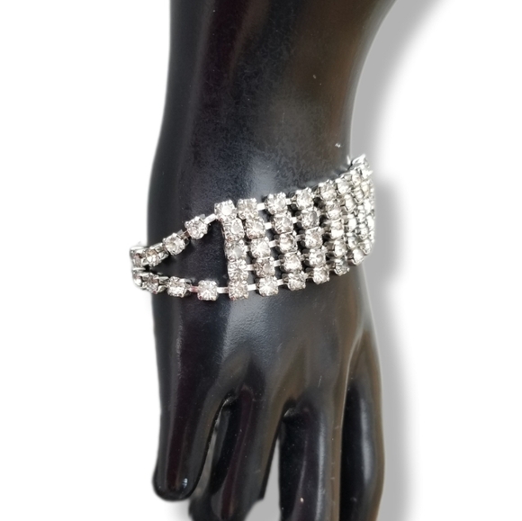 VINTAGE 1950s SILVERTONE & DIAMANTE CRYSTAL MESH CHAIN BRACELET - Picture 3 of 10